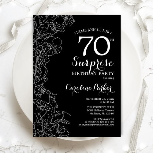 Floral Black White Surprise 70th Birthday Party Invitation