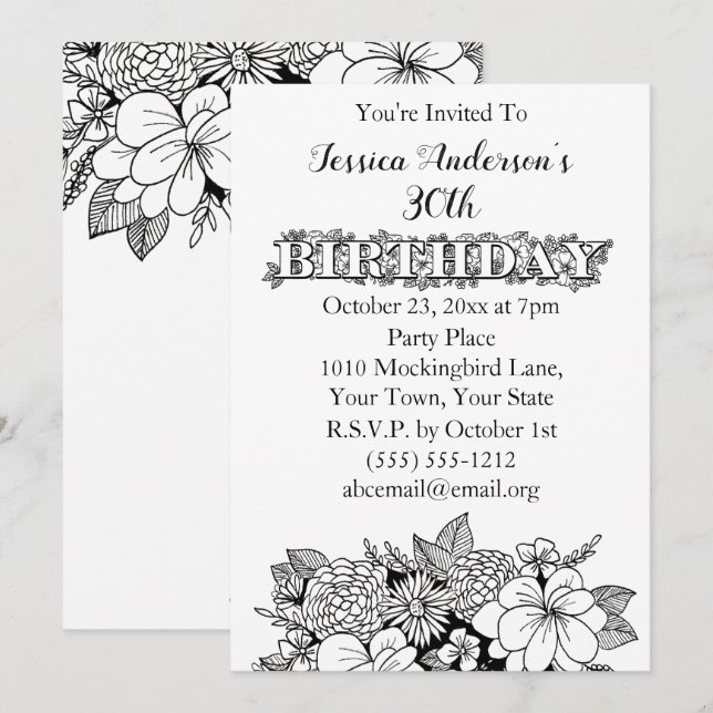 Floral Black White Thirtieth 30th Birthday Invite (Front/Back)