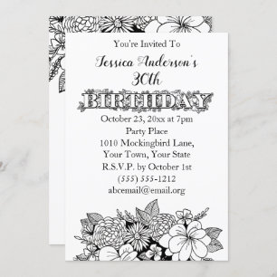 Floral Black White Thirtieth 30th Birthday Invite