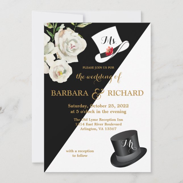 Floral Black & White Wedding  Invitation (Front)