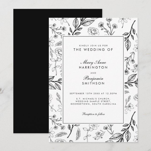 Floral Black White Wedding Invitation (Front/Back)