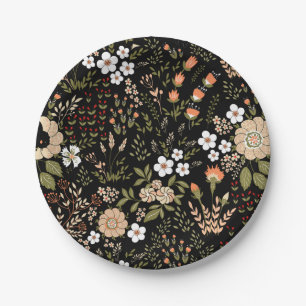 Floral Black Wildflowers Botanical Flowers Wedding Paper Plates