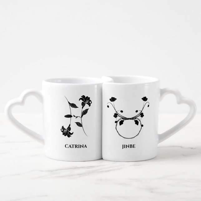 floral black zodiac signs personalize name coffee mug set (Front Nesting)