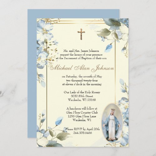 Floral Blessed Mary Catholic Baptism Invitation