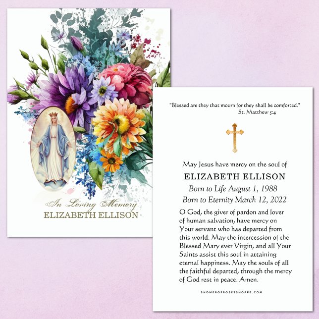 Floral Blessed Mary Floral Funeral Prayer Card (Traditional Catholic Funeral Memorial Prayer Card)