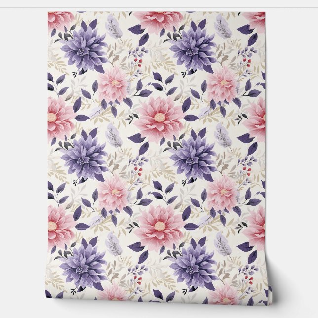 Floral Bliss Petite - Purple, Pink, Beige - Glam Wallpaper (Unrolling)