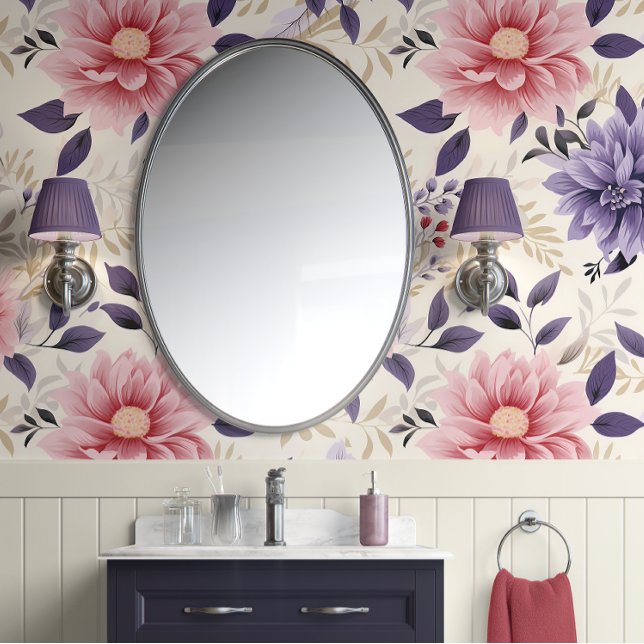 Floral Bliss - Purple, Pink, Beige - Glam Wallpaper (Radiant Harmony: Purple and Pink Botanical Peel and Stick Wallpaper )
