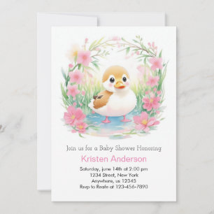 Floral Blissful Pink Duck Girl Baby Shower Invitation