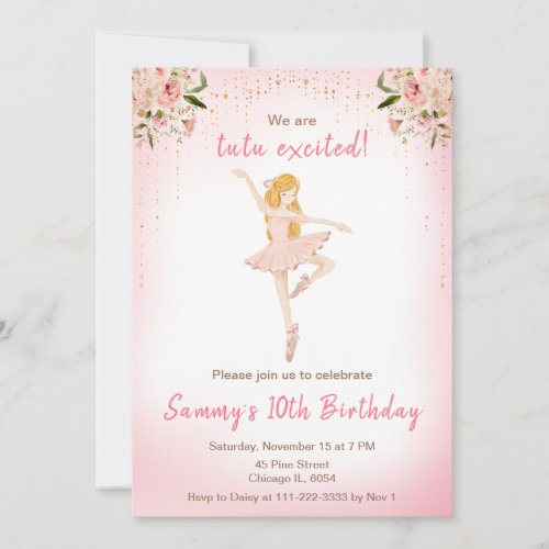 Floral Blonde Hair Ballerina Birthday Invitation