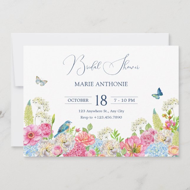 Floral Bloom blue green pink spring bridal shower  Invitation (Front)