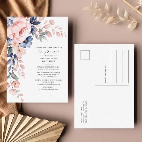 Floral Bloom Blue Pink Rustic Couples Baby Shower Invitation Postcard