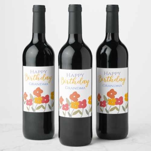 Floral Bloom Colorful Happy Birthday Grandma Party Wine Label