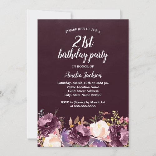 Floral Bloom Purple 21st Birthday Party Invitation