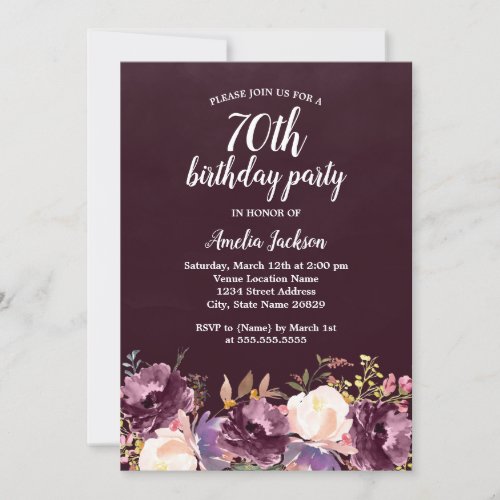 Floral Bloom Purple 70th Birthday Party Invitation