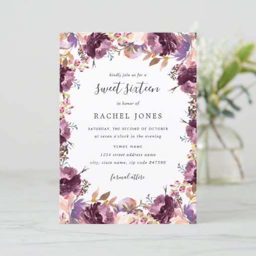 Floral Bloom Purple Sweet 16 Invitation 