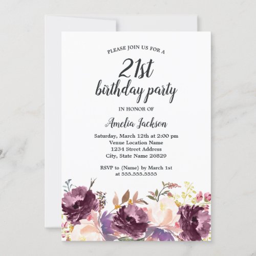 Floral Bloom Purple Watercolor 21st Birthday Party Invitation