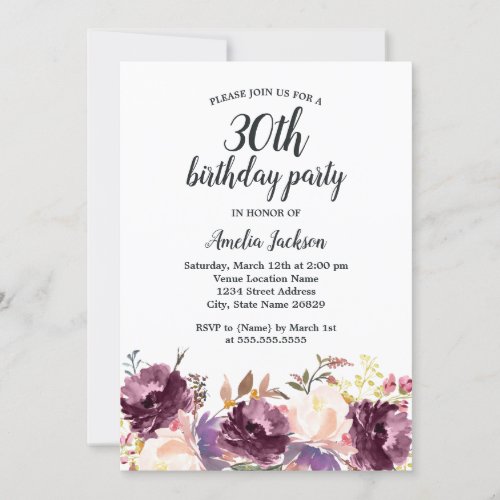 Floral Bloom Purple Watercolor 30th Birthday Party Invitation