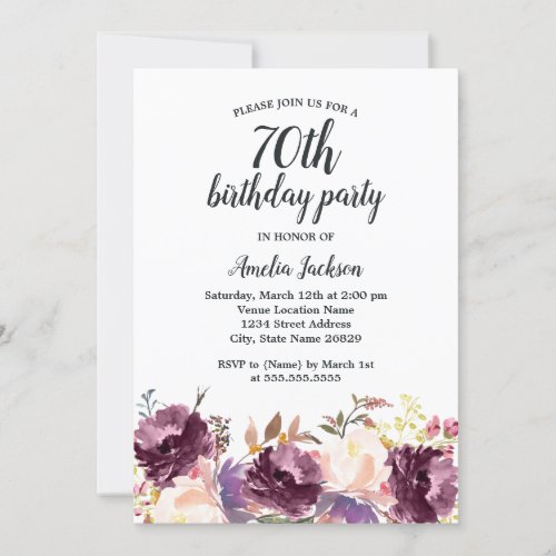 Floral Bloom Purple Watercolor 70th Birthday Party Invitation