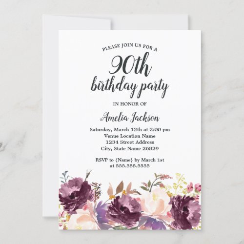 Floral Bloom Purple Watercolor 90th Birthday Party Invitation