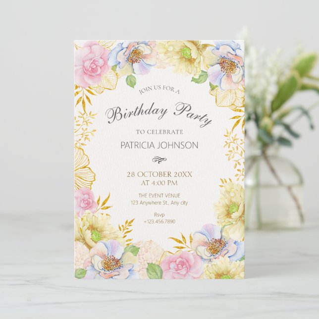 Floral bloom soft color birthday invitation (Standing Front)