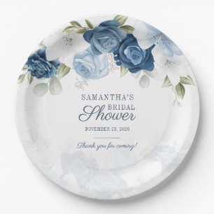 Floral Bloom Watercolor Blue White Bridal Shower Paper Plates