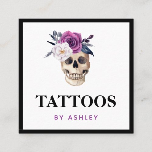 Floral Bloom Watercolor Gothic Skull Tattoo Artist Square Business Card