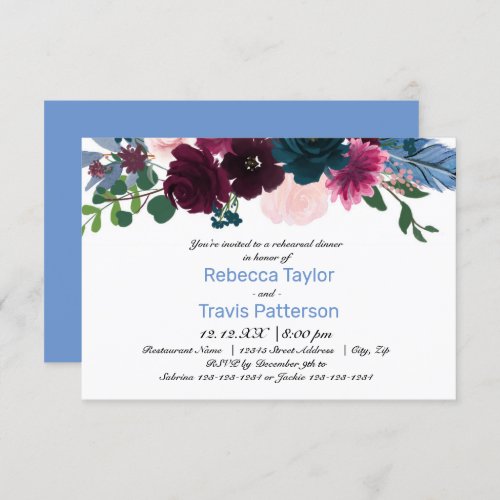 Floral Blooms Blue _ 3x5 Rehearsal Dinner Invitation