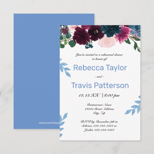Floral Blooms Blue - 3x5 Rehearsal Dinner Invitation (Front/Back)