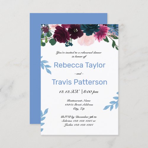 Floral Blooms Blue _ 3x5 Rehearsal Dinner Invitation