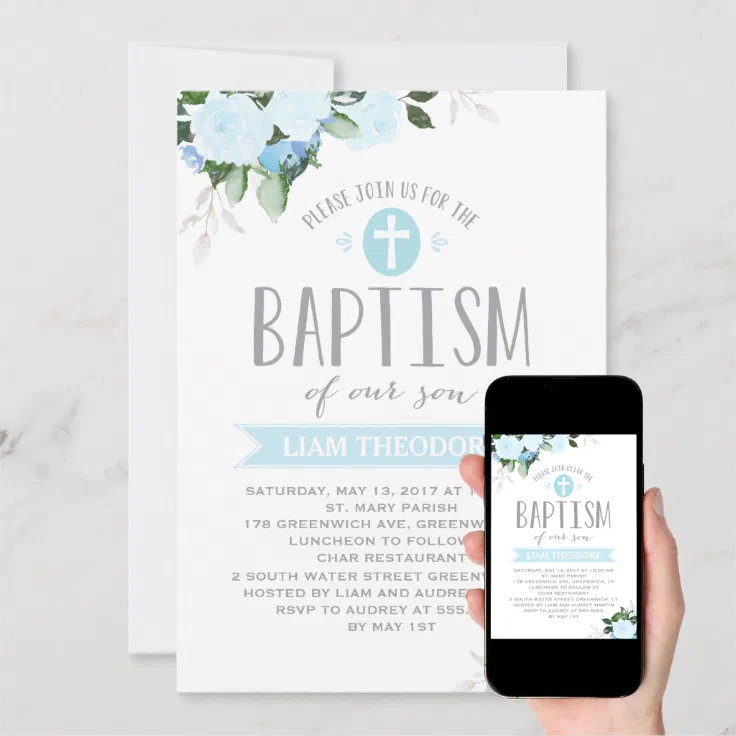 Floral Blooms| Blue | Baptism Invitation | Zazzle