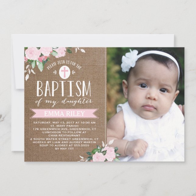 Floral Blooms Burlap | Baptism Invitation (Front)