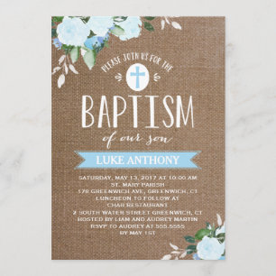 Floral Blooms Burlap Blue Baptism Invitation