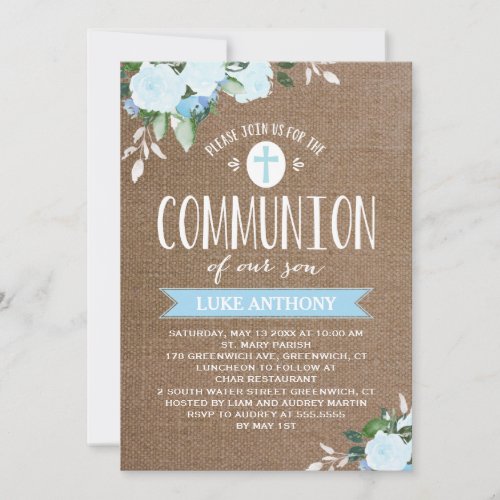 Floral Blooms Burlap Blue  Communion Invitation