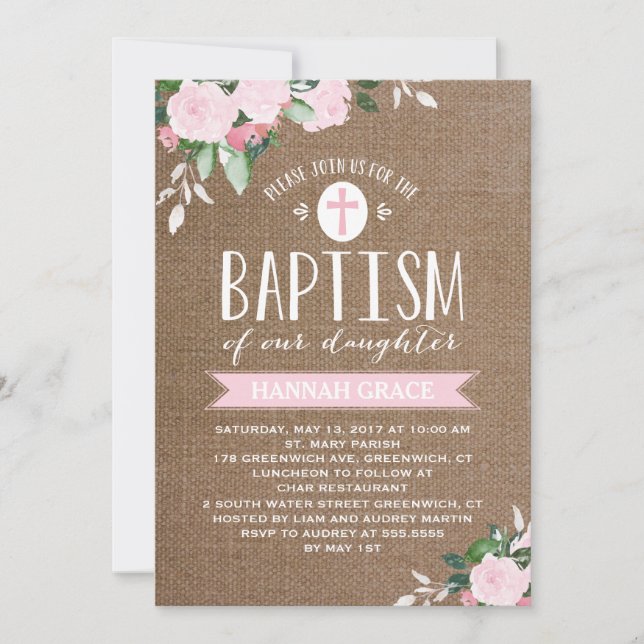 Floral Blooms Burlap Pink | Baptism Invitation (Front)