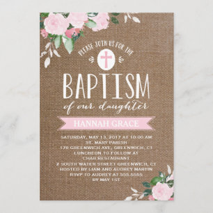 Floral Blooms Burlap Pink   Baptism Invitation