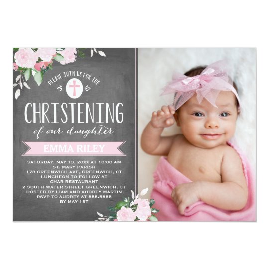 floral blooms chalkboard christening invitation zazzle com