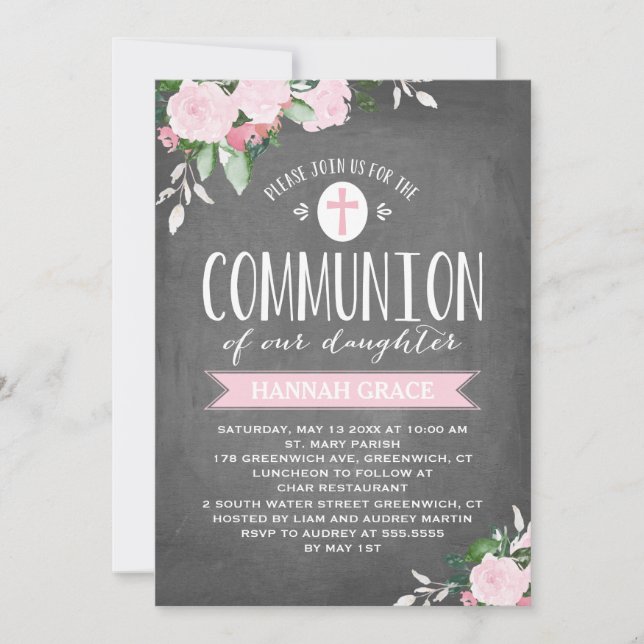 Floral Blooms Chalkboard | Communion Invitation (Front)