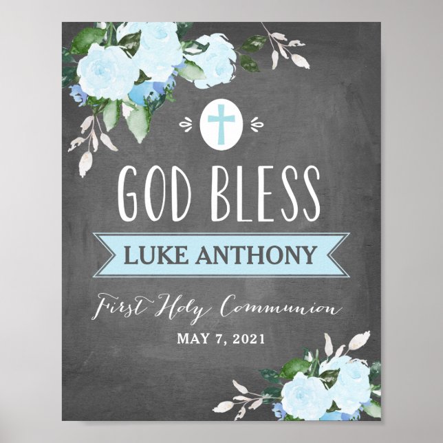 Floral Blooms Chalkboard God Bless Communion Sign (Front)