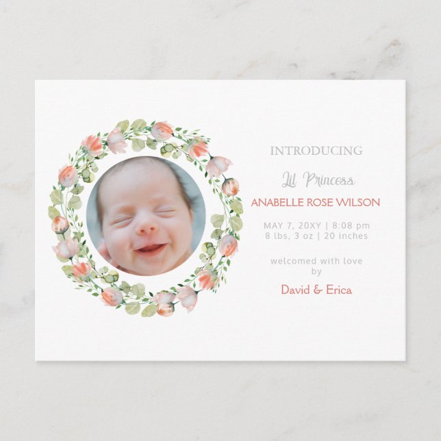 Floral Blooms Cute Girl Photo Birth Announcement (Front)