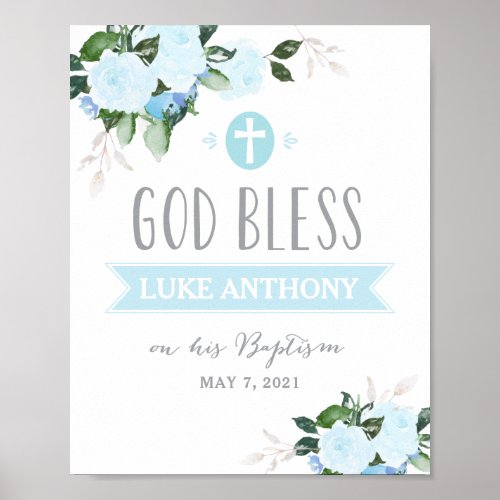 Floral Blooms God Bless Baptism Sign Blue