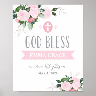 Floral Blooms God Bless Baptism Sign Pink