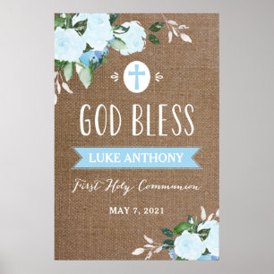 Floral Blooms God Bless Communion Sign Burlap Blue