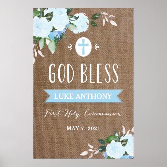 Floral Blooms God Bless Communion Sign Burlap Blue (Front)