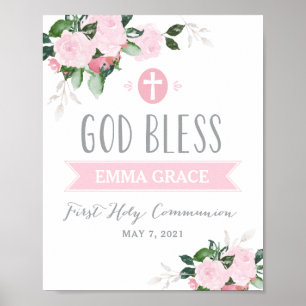 Floral Blooms God Bless Communion Sign Pink