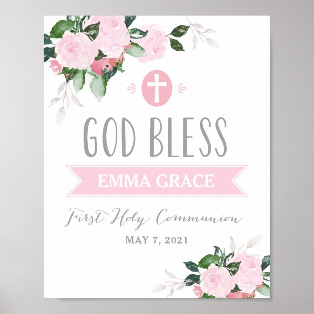 Floral Blooms God Bless Communion Sign Pink (Front)