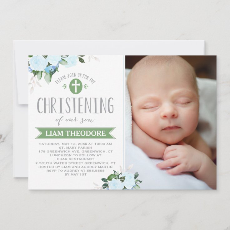 Floral Blooms Green | Christening Invitation | Zazzle