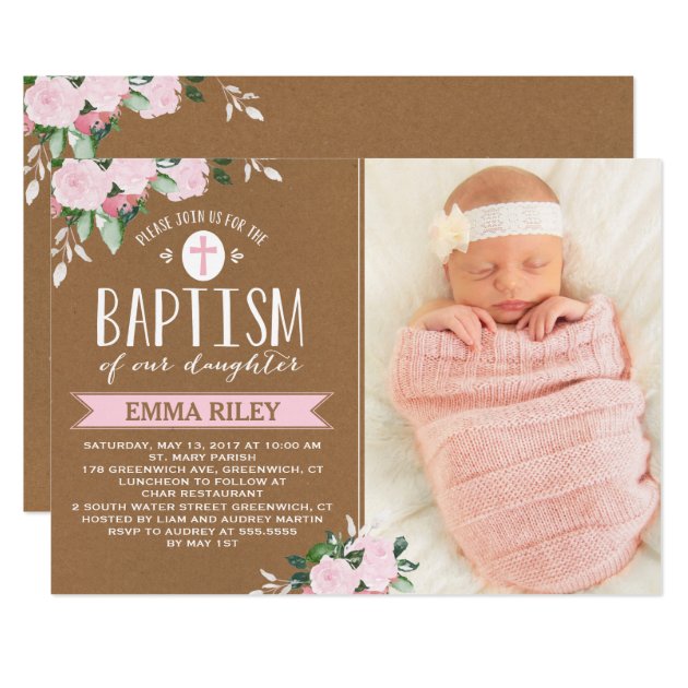 Floral Blooms Kraft | Baby Girl Baptism Invitation