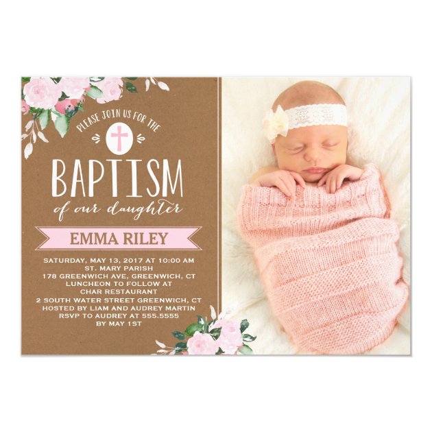 Floral Blooms Kraft | Baby Girl Baptism Invitation