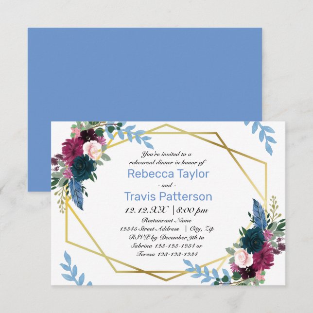 Floral Blooms Mod Blue - 3x5 Rehearsal Dinner Invitation (Front/Back)