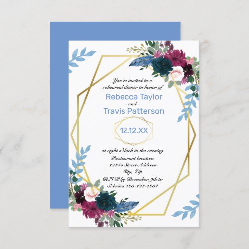 Floral Blooms Mod Blue V _ 3x5 Rehearsal Dinner Invitation